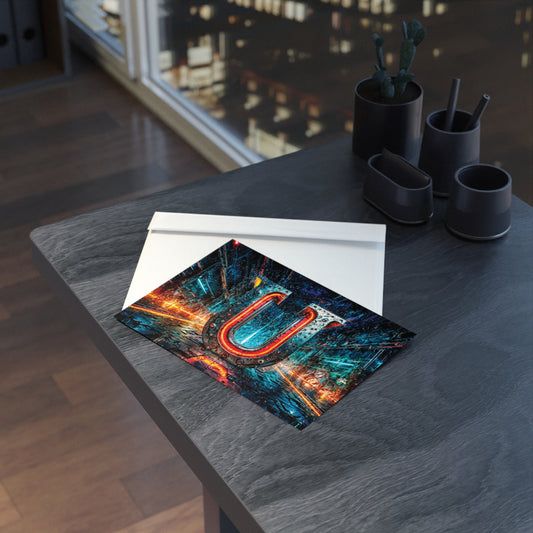 Postcard with cyberpunk design on a table in a room with a cityscape view