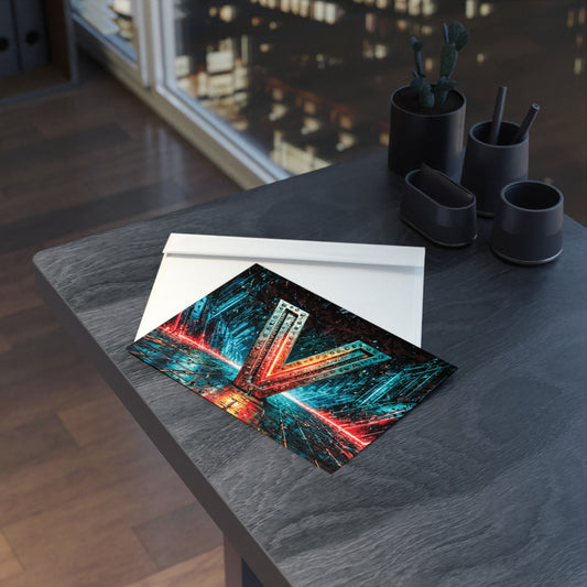 Postcard with cyberpunk design on a table with a cityscape in the background