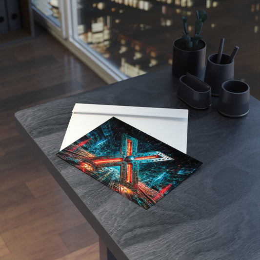 Postcard with cyberpunk design on a table with a cityscape in the background