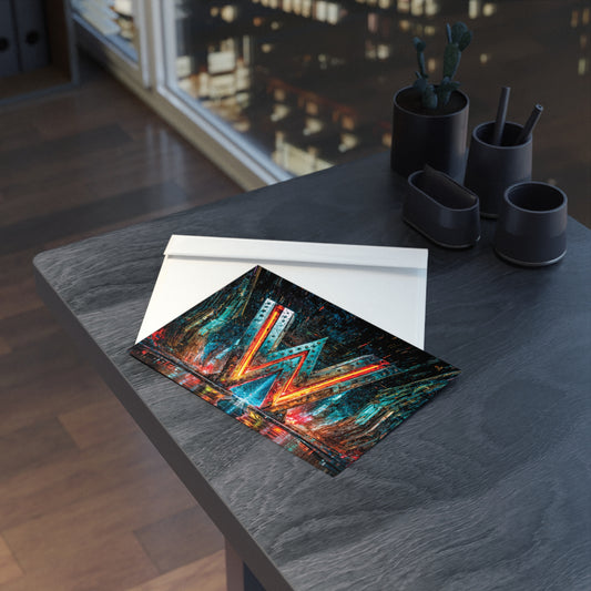 Postcard with cyberpunk design on a table with a cityscape in the background