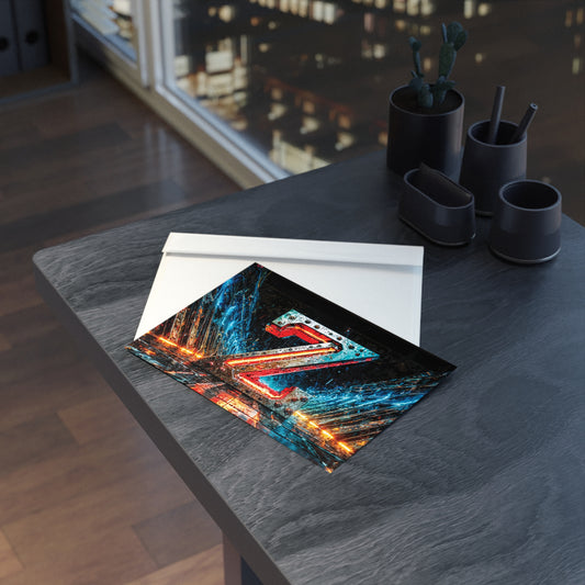 Table with a postcard with cyberpunk design and stationery items in a room with a cityscape view.