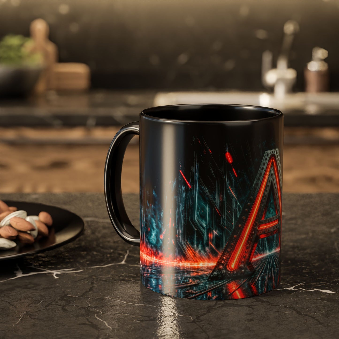 Black mug with futuristic design on a kitchen counter