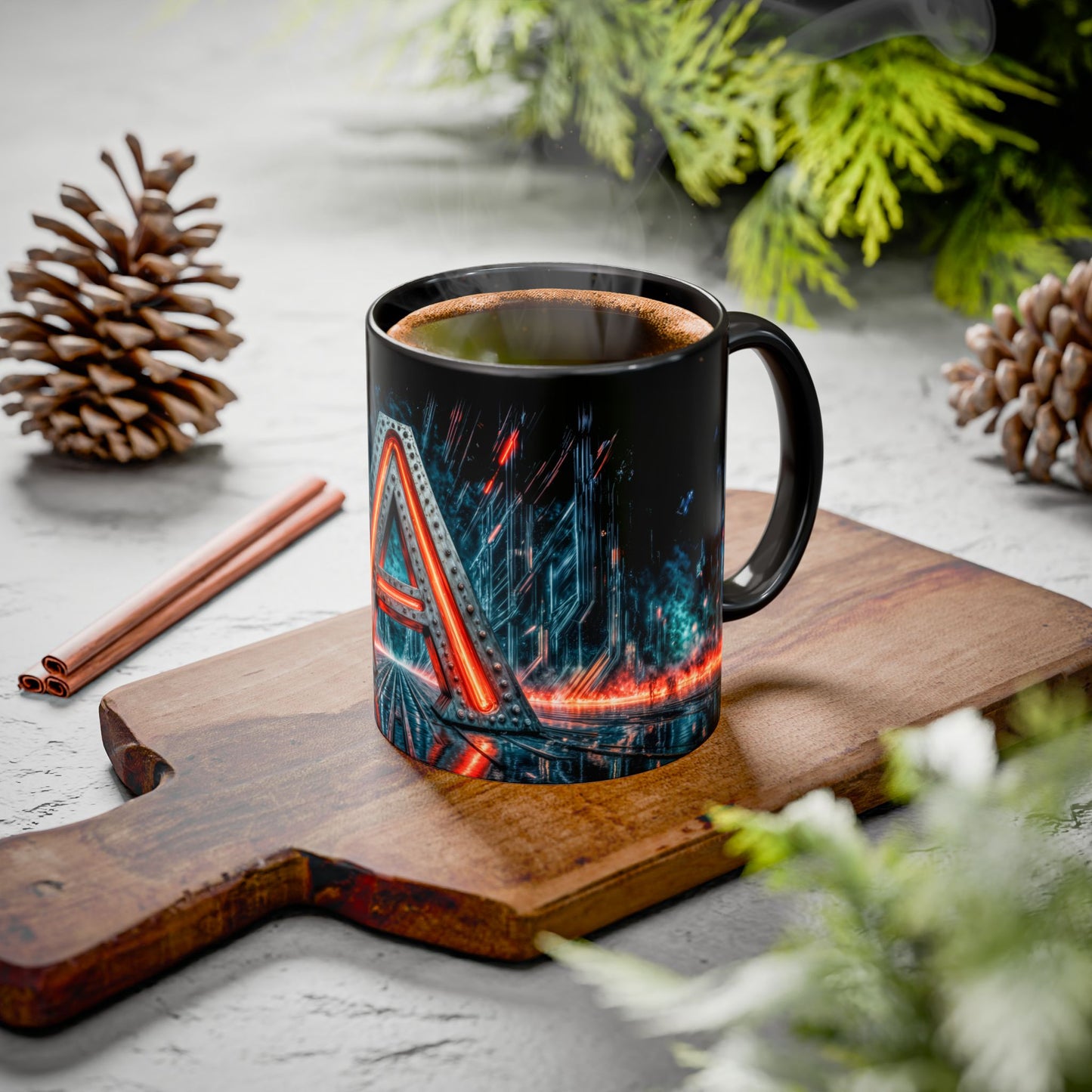 Black mug with cyberpunk design on a wooden cutting board with cinnamon sticks and pine cones.