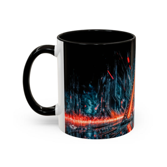Black mug with a vibrant cityscape design on a white background