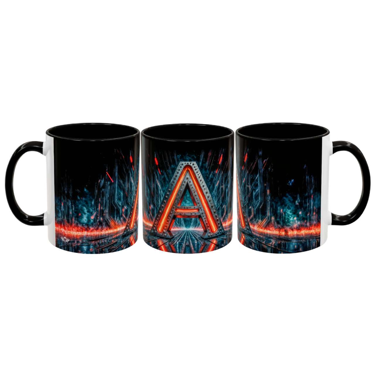 Three black mugs with a central logo design on a white background