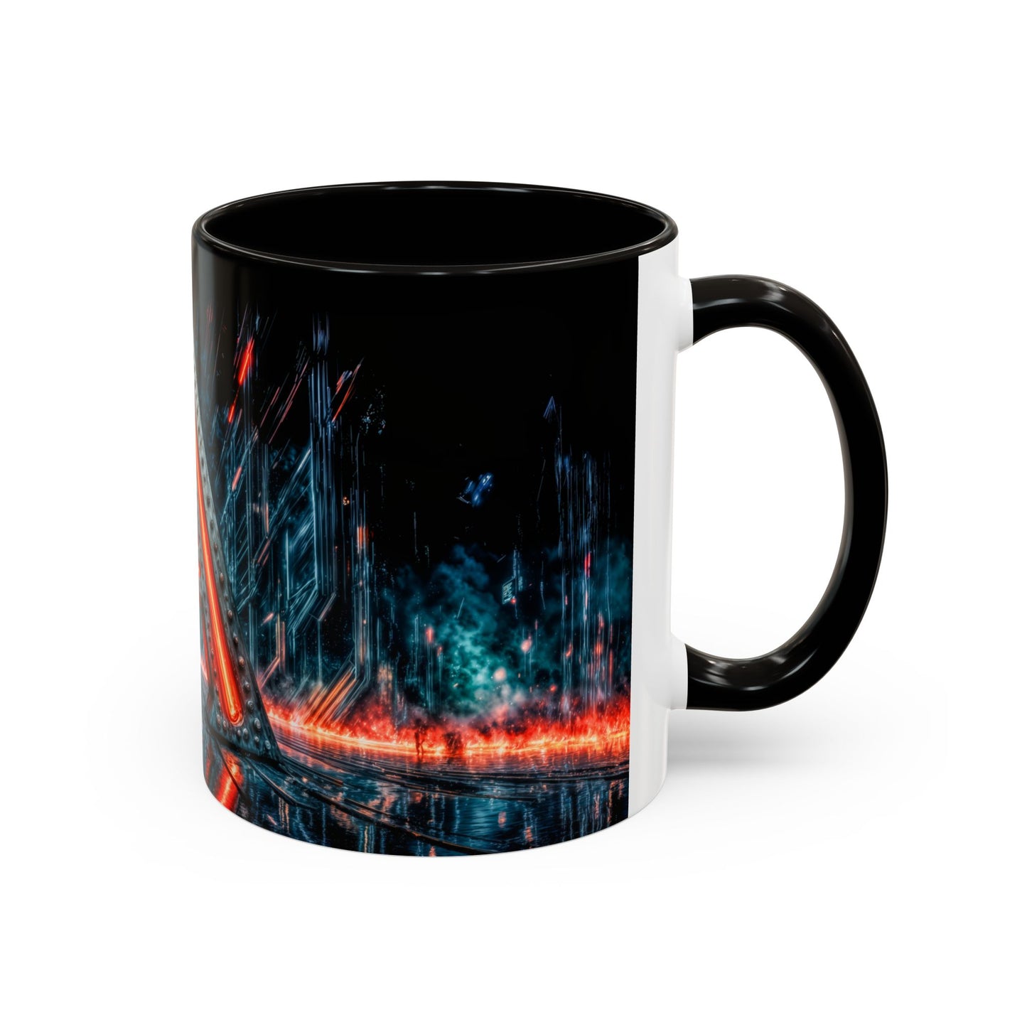 Mug with a futuristic cityscape design on a black background
