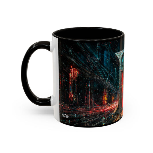 Mug with a dark, abstract design featuring red and blue elements on a white background