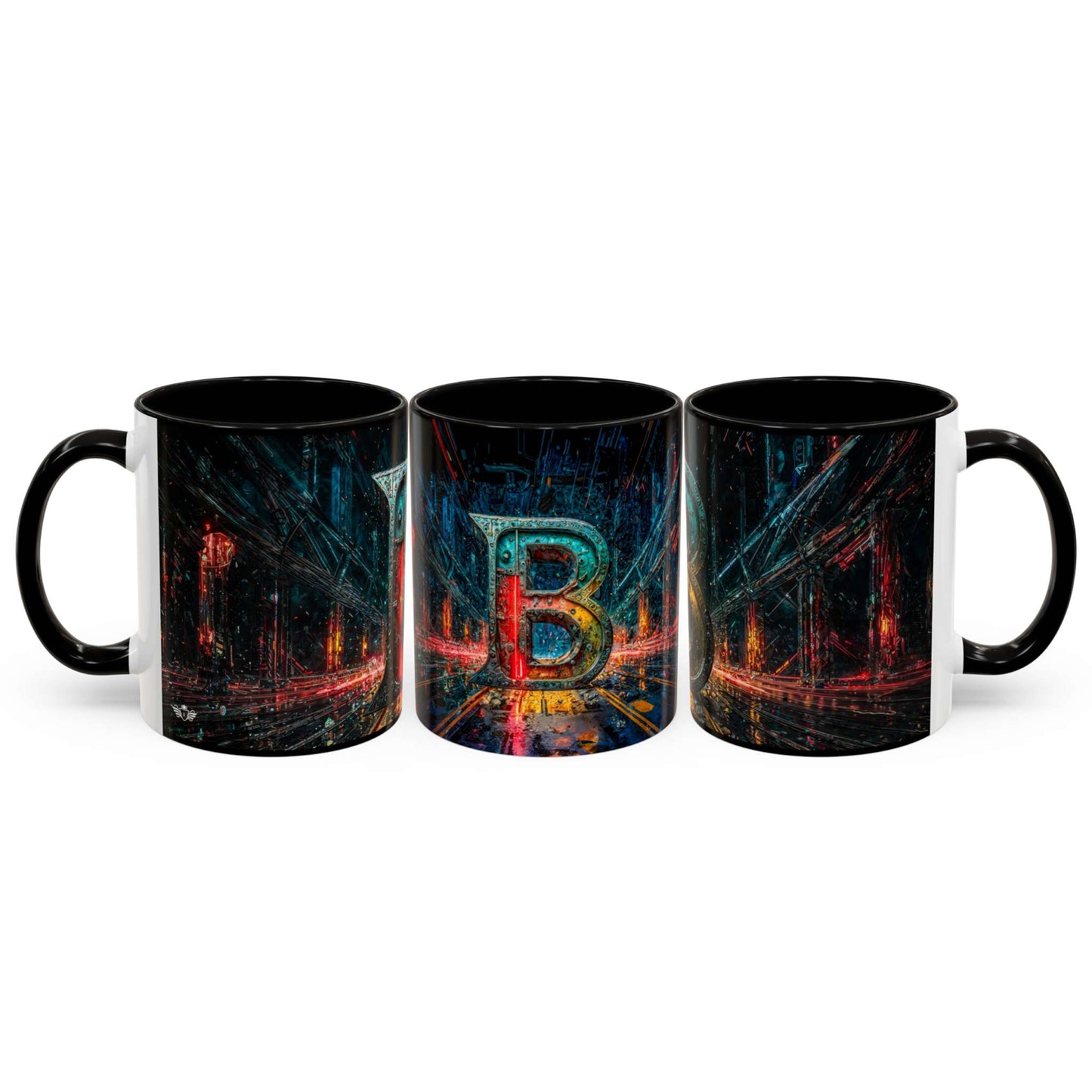 Three black mugs with a colorful design featuring the letter 'B' on a white background