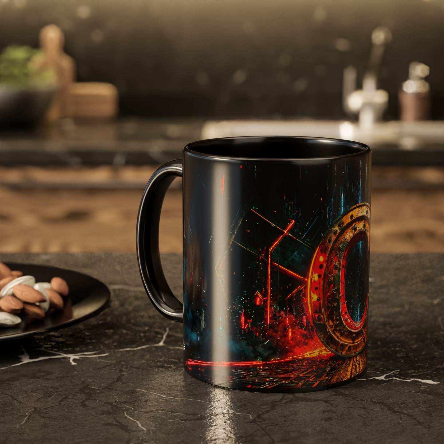 Black mug with a colorful design on a dark surface, blurred kitchen background