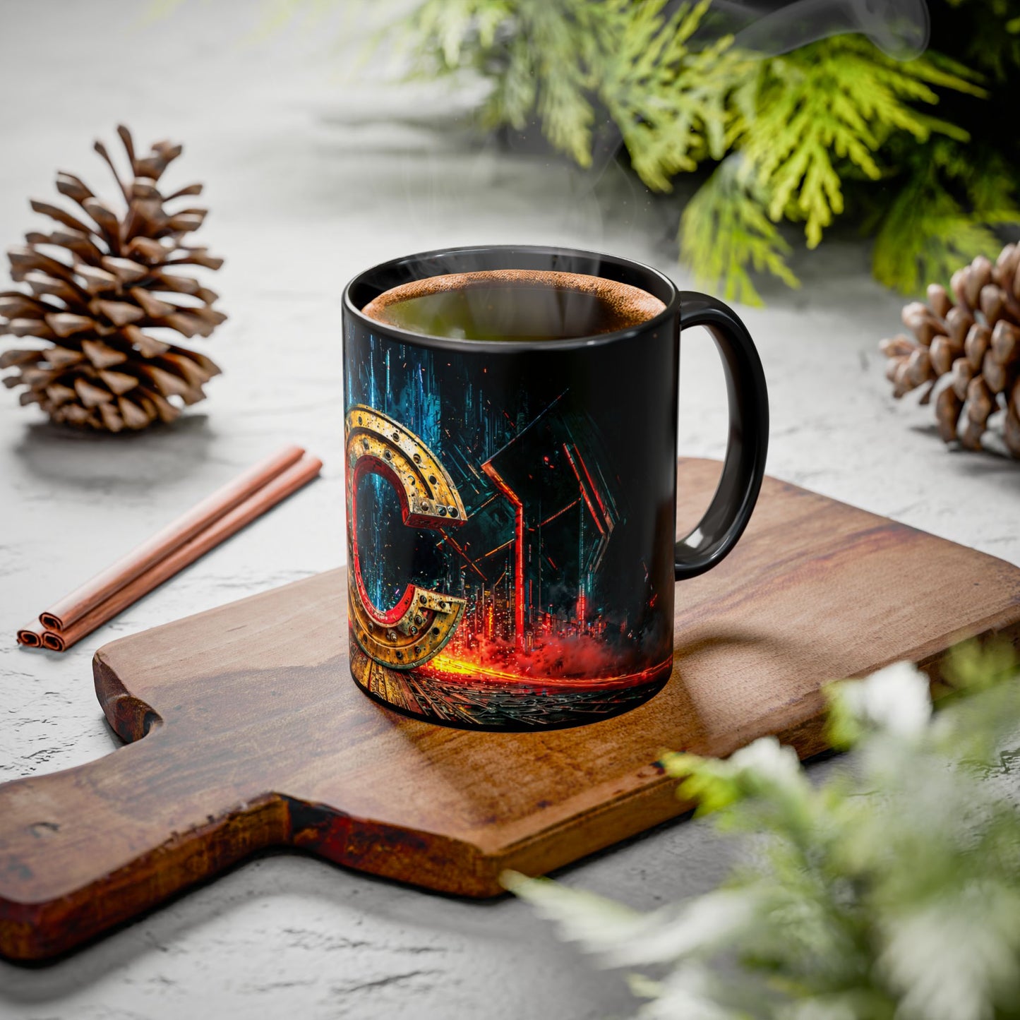 Black mug with colorful design on a wooden cutting board with cinnamon sticks and pine cones.