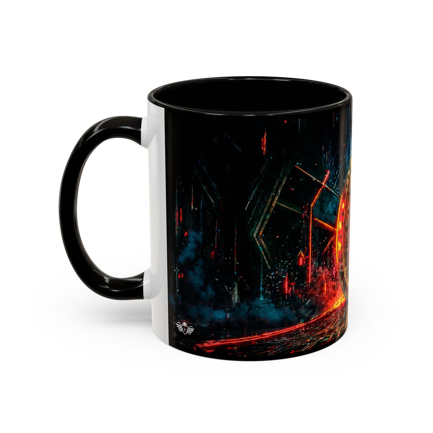 Black mug with a colorful design on a white background