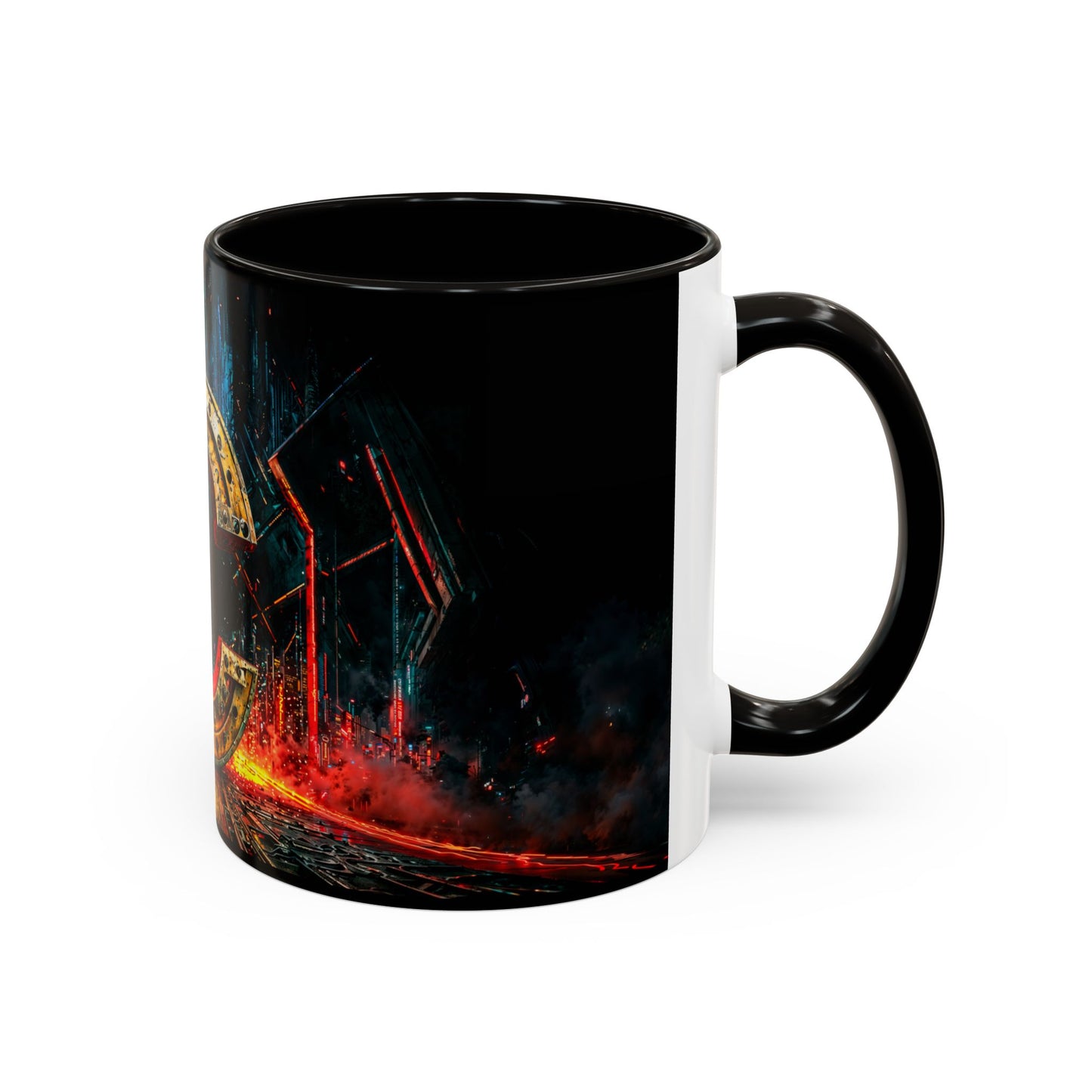 Black mug with a colorful abstract design on a white background