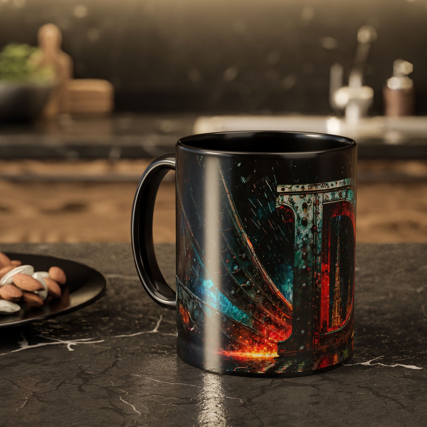 Black mug with cyberpunk design on a dark surface, blurred background