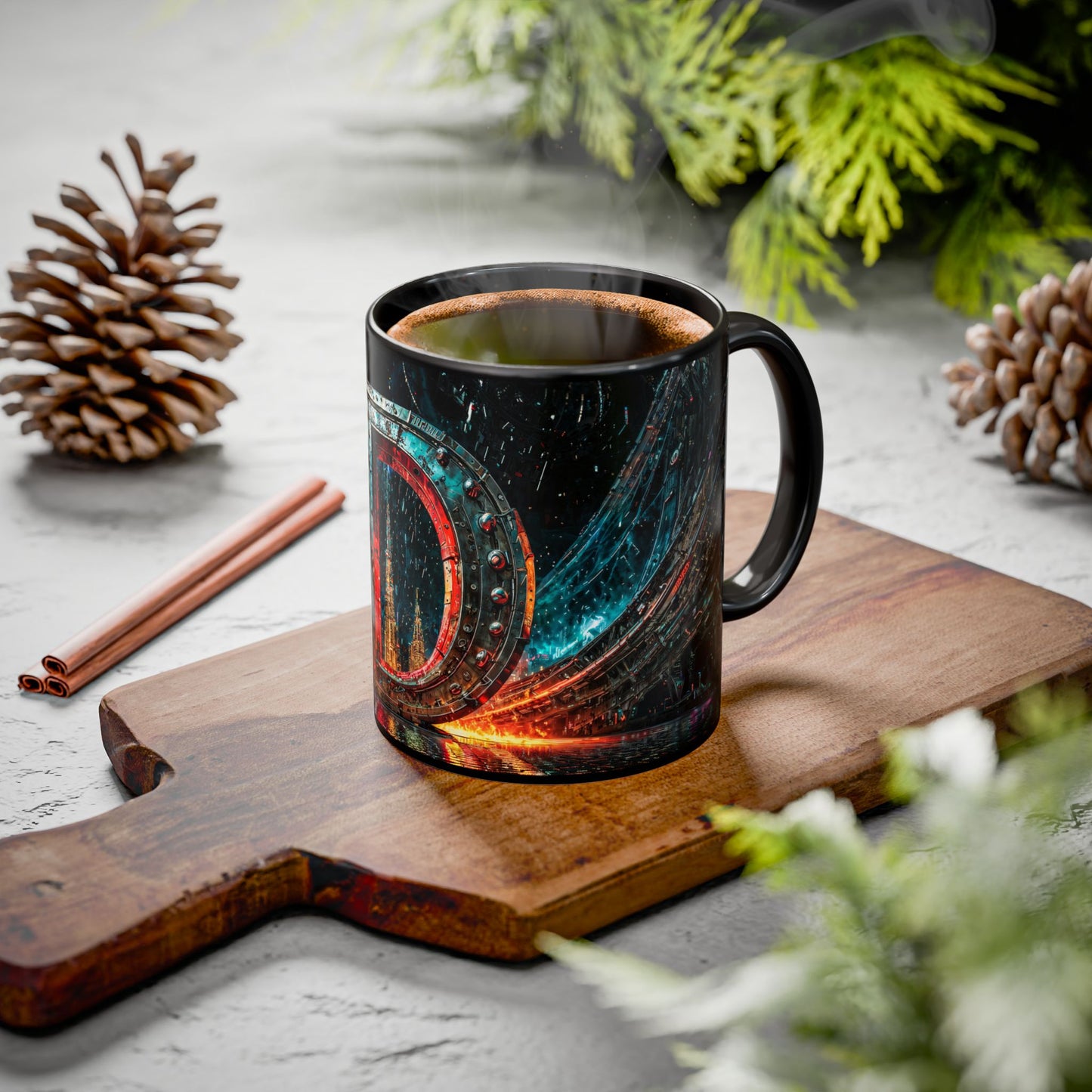 Decorative mug with a colorful design on a wooden cutting board with pine cones and cinnamon sticks.