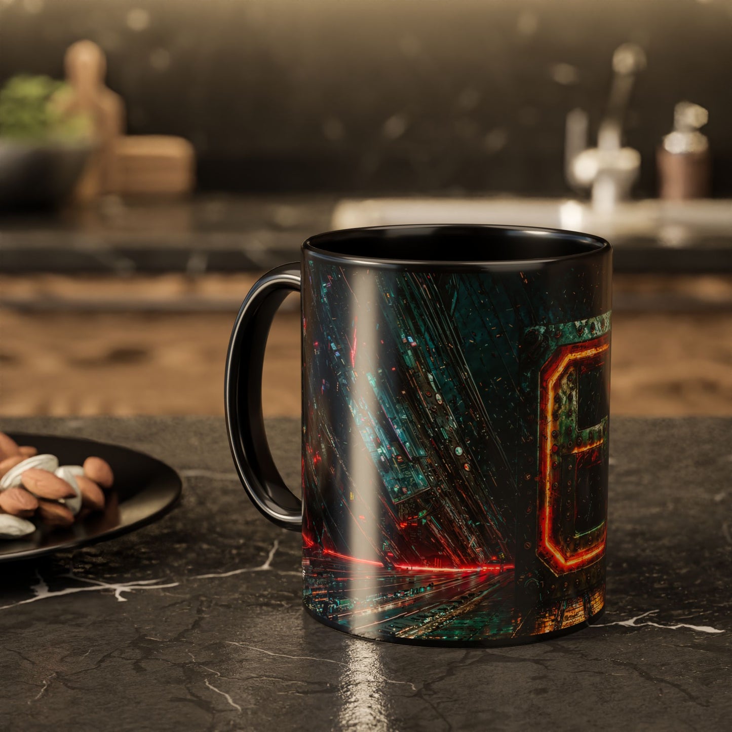 Black mug with cyberpunk design on a dark surface, blurred kitchen background