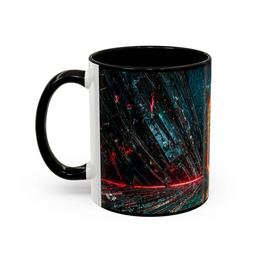 Mug with a black handle featuring a cyberpunk abstract design on a white background