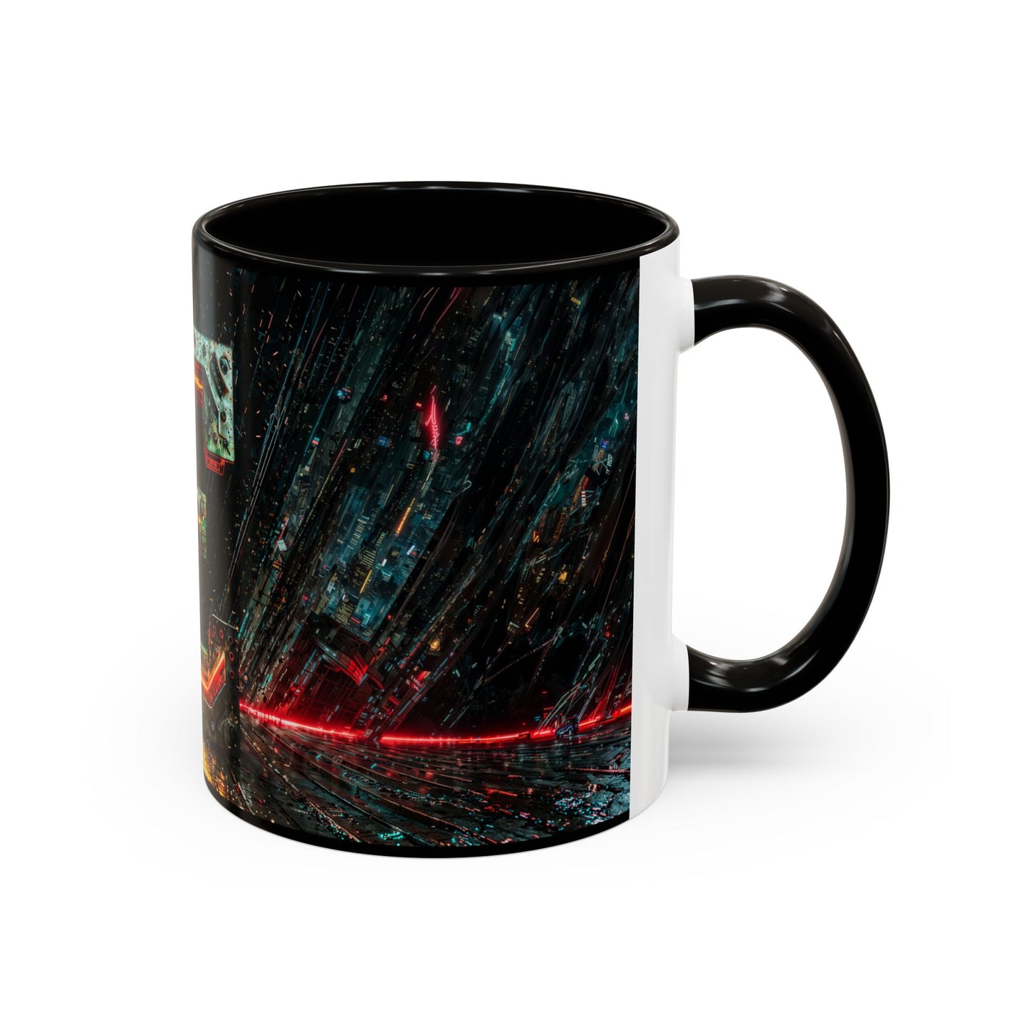 Mug with a black interior and cyberpunk abstract design on the exterior