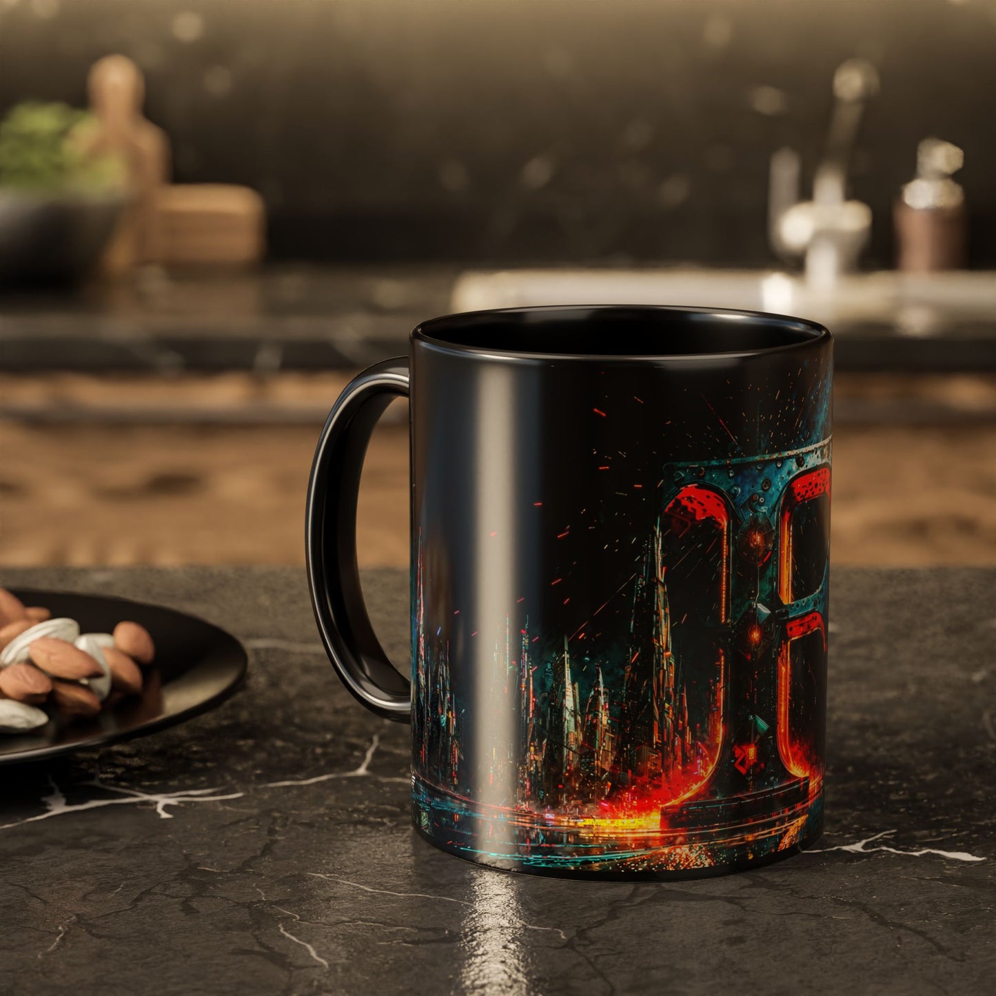 Black mug with cyberpunk design on a kitchen counter