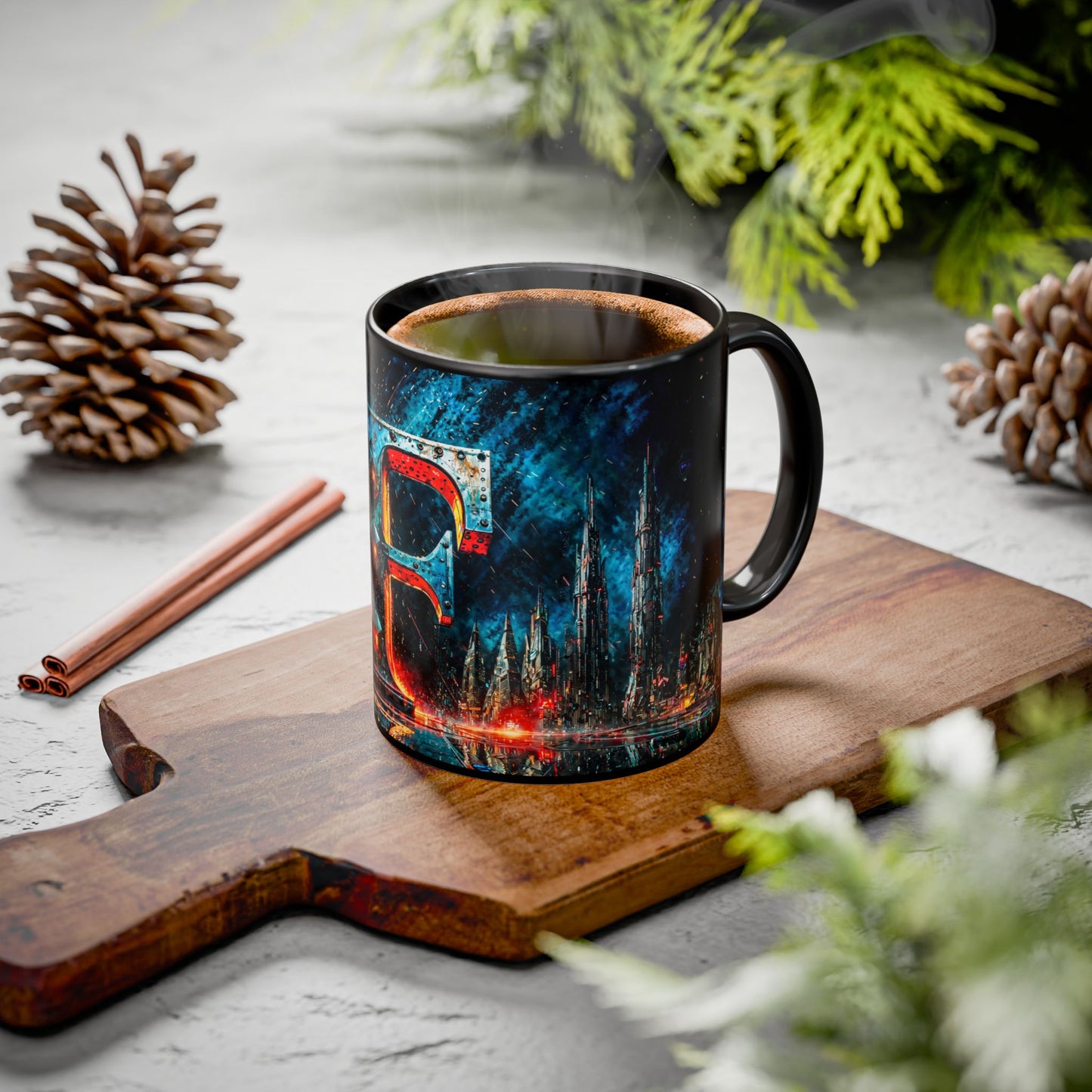 Black mug with a cyberpunk design on a wooden cutting board with cinnamon sticks and pine cones
