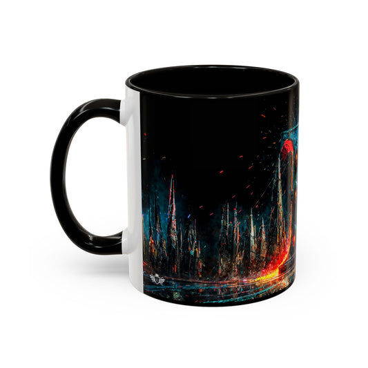 Mug with a cyberpunk cityscape design on a white background
