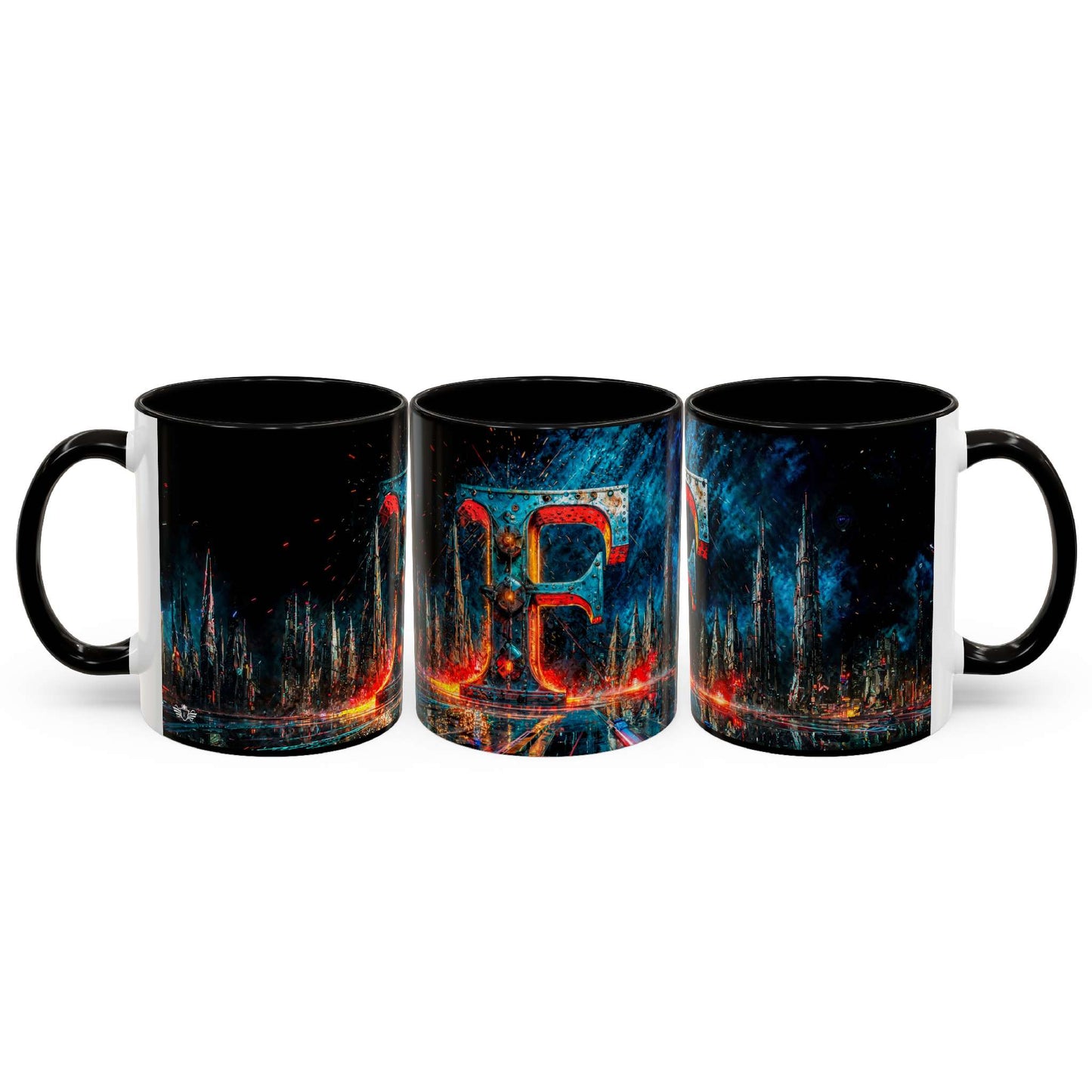 Three black mugs with a cyberpunk design on a white background