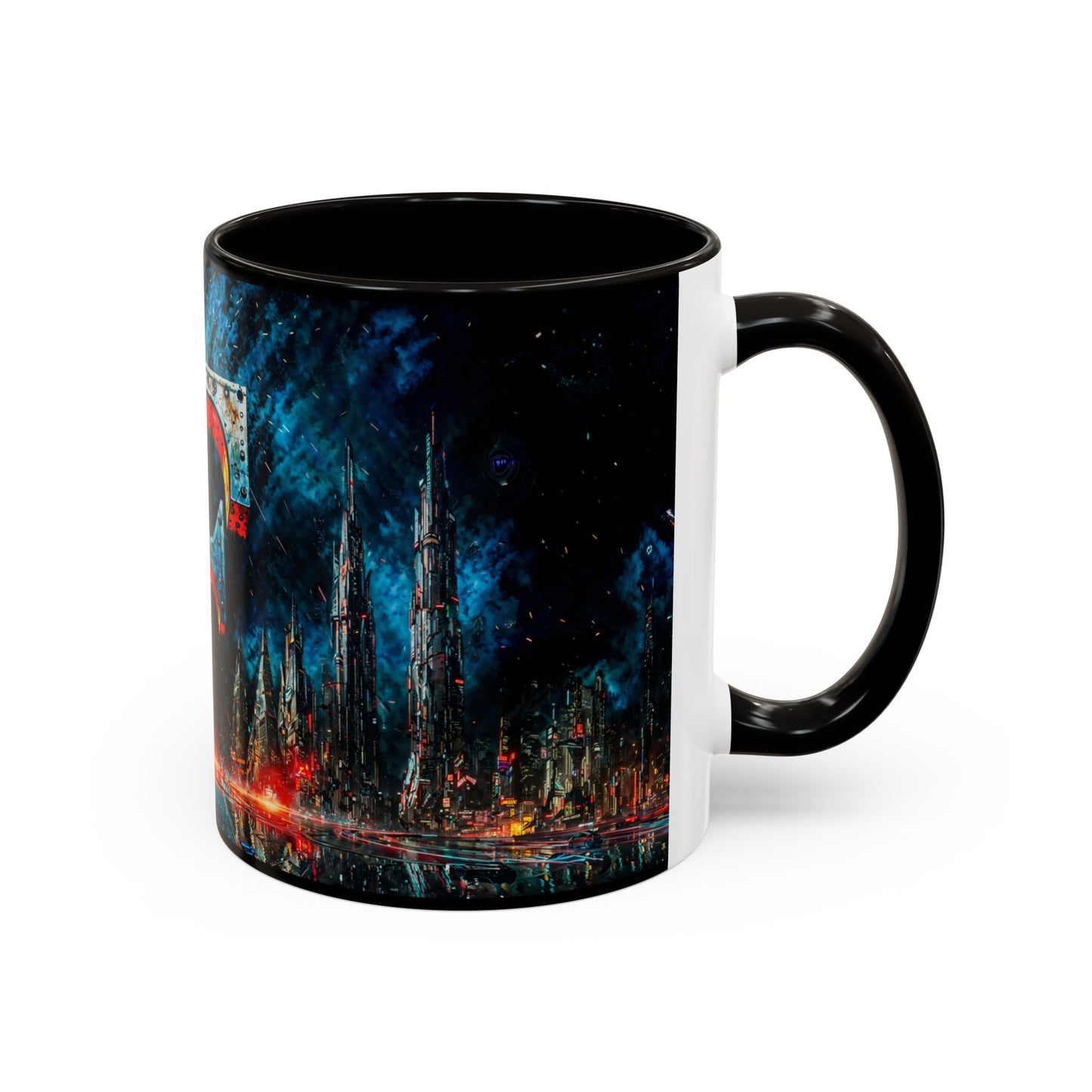 Mug with a cyberpunk design of futuristic cityscape n a white background