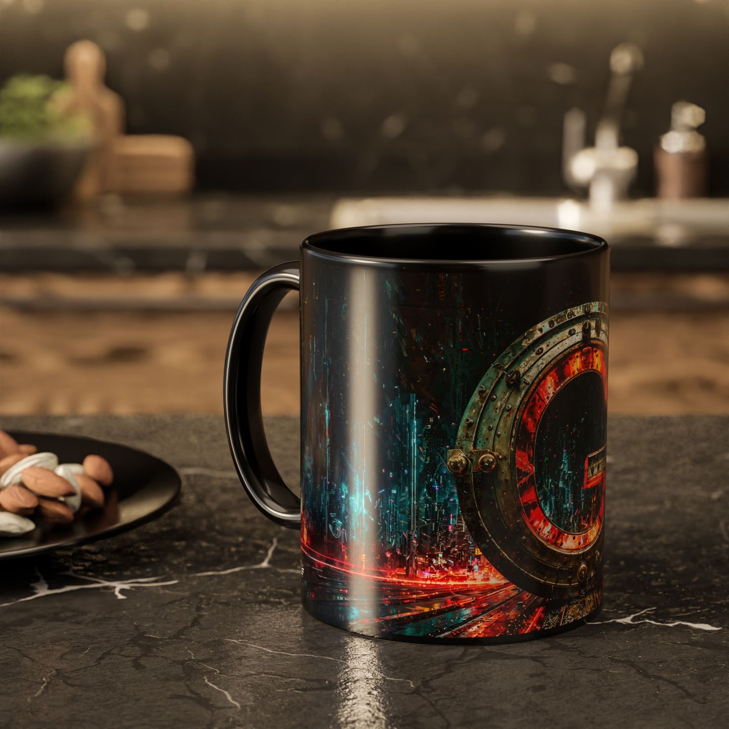 Black mug with a cyberpunk design on a dark surface, blurred background