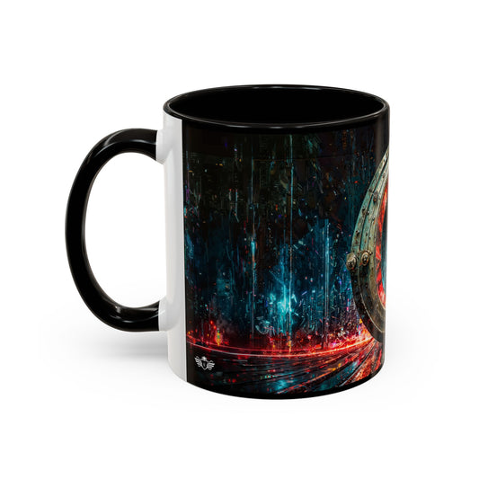 Mug with a futuristic cyberpunk design on a white background