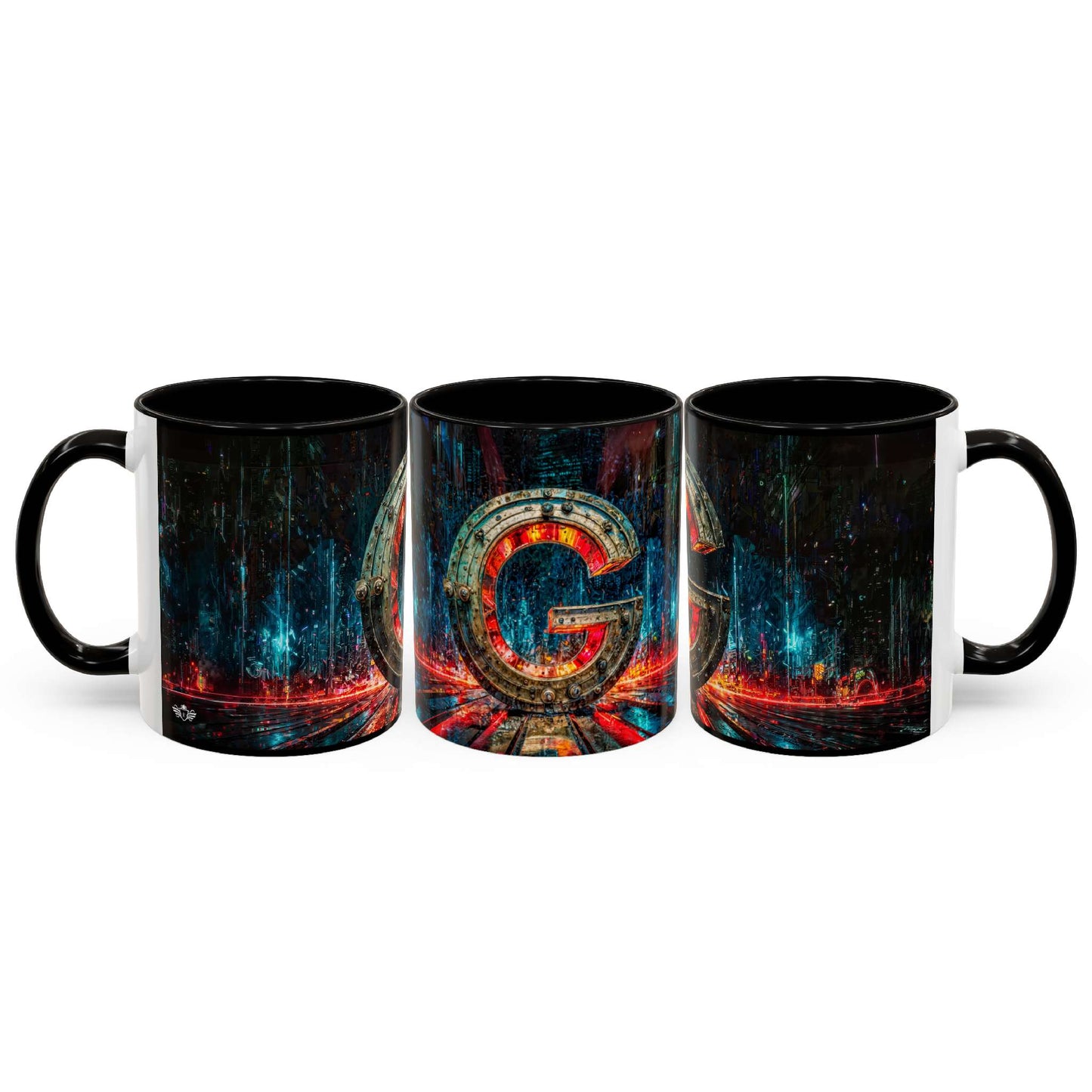 Three black mugs with a cyberpunk 'G' design on a white background