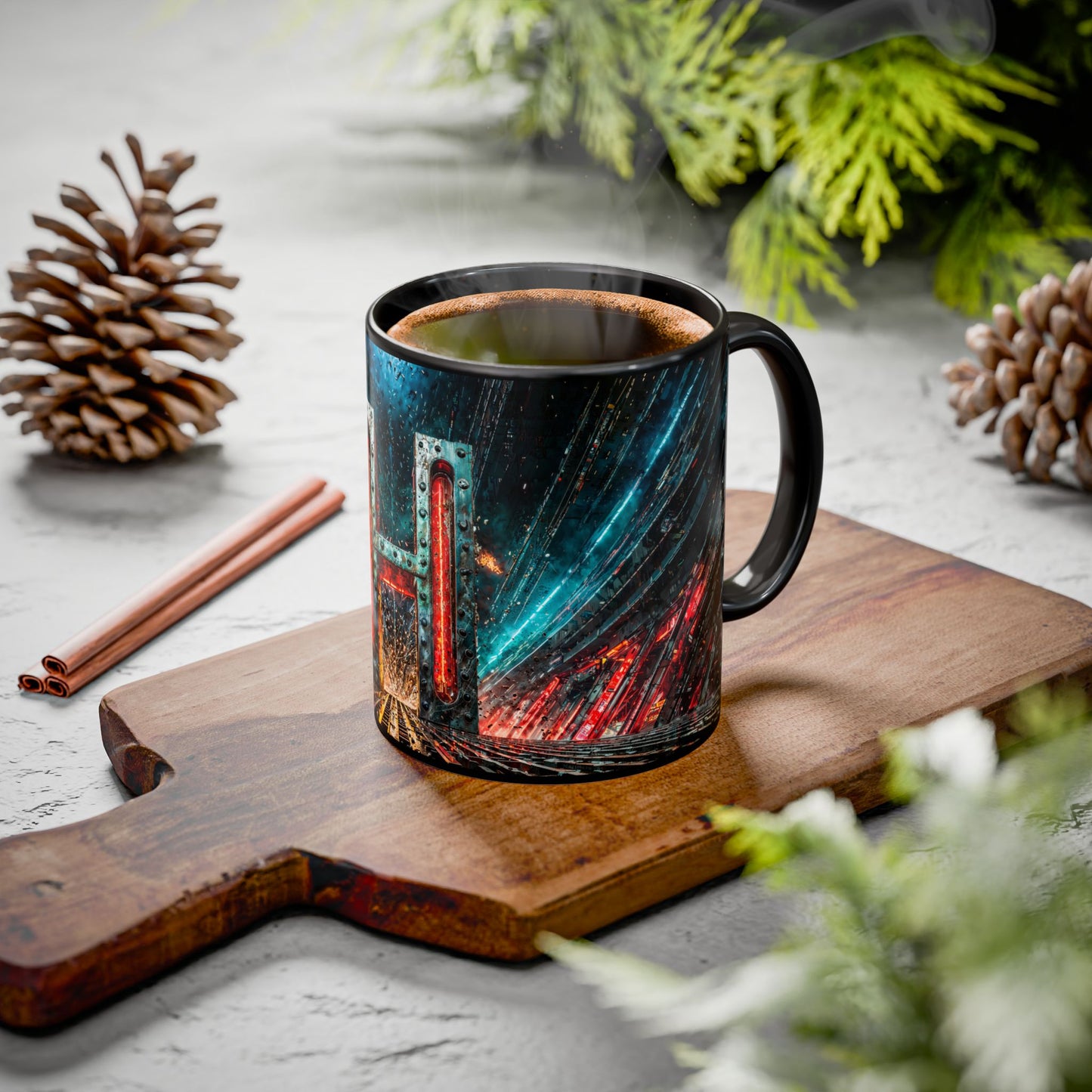 Black mug with cyberpunk design on a wooden cutting board with cinnamon sticks and pine cones.