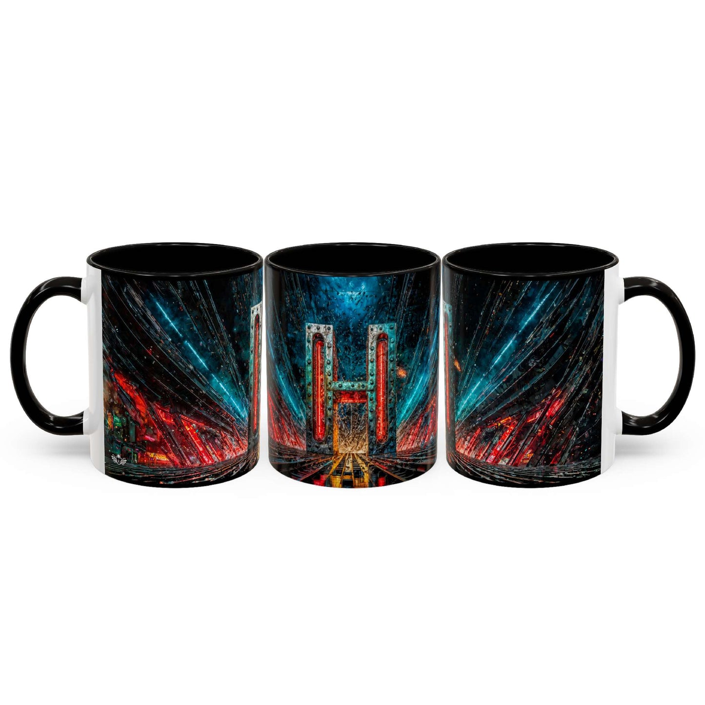 Three black mugs with a cyberpunk design on a white background