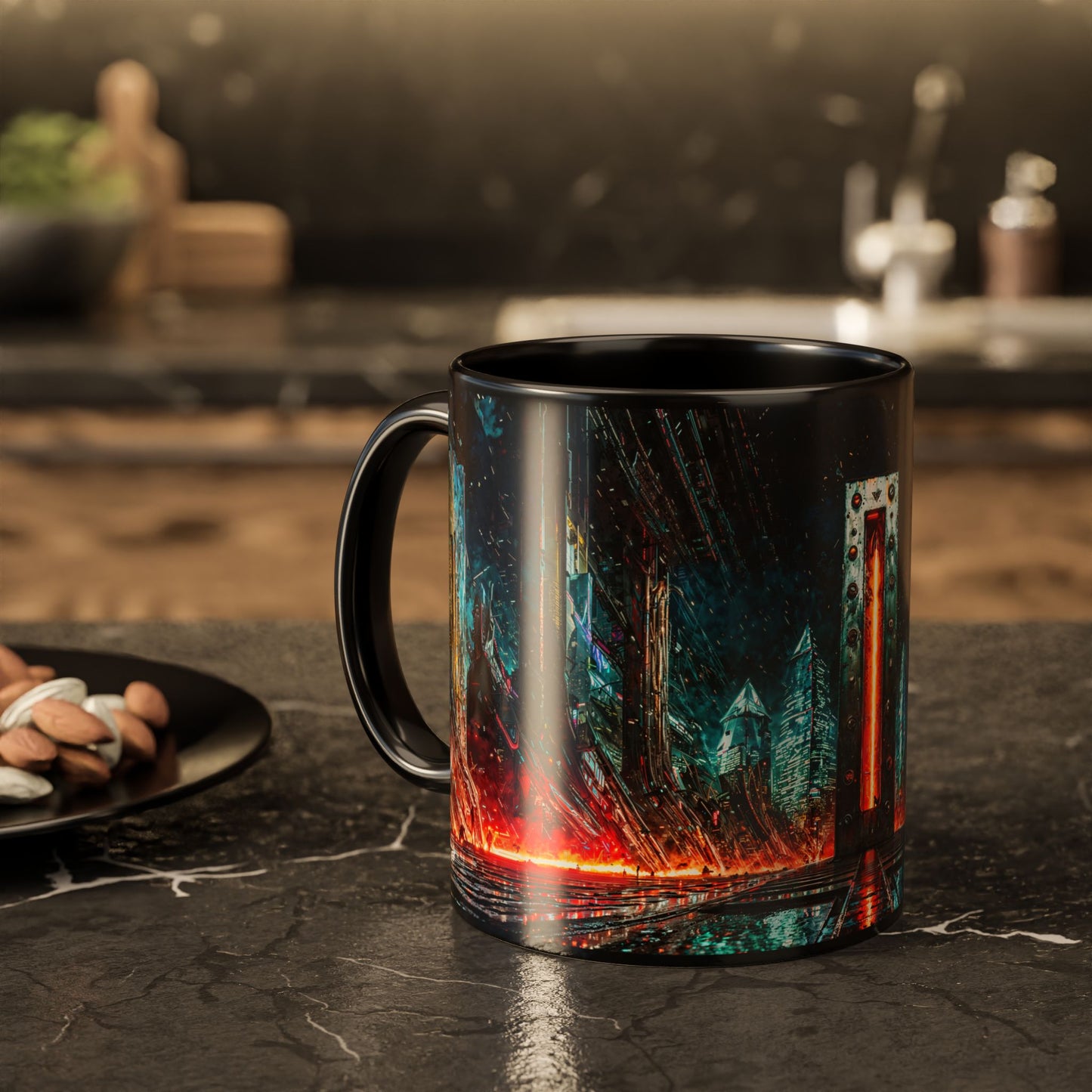 Black mug with cyberpunk cityscape design on a kitchen counter