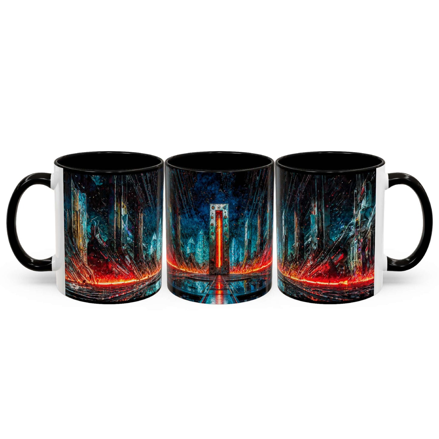 Three black mugs with a cyberpunk design on a white background