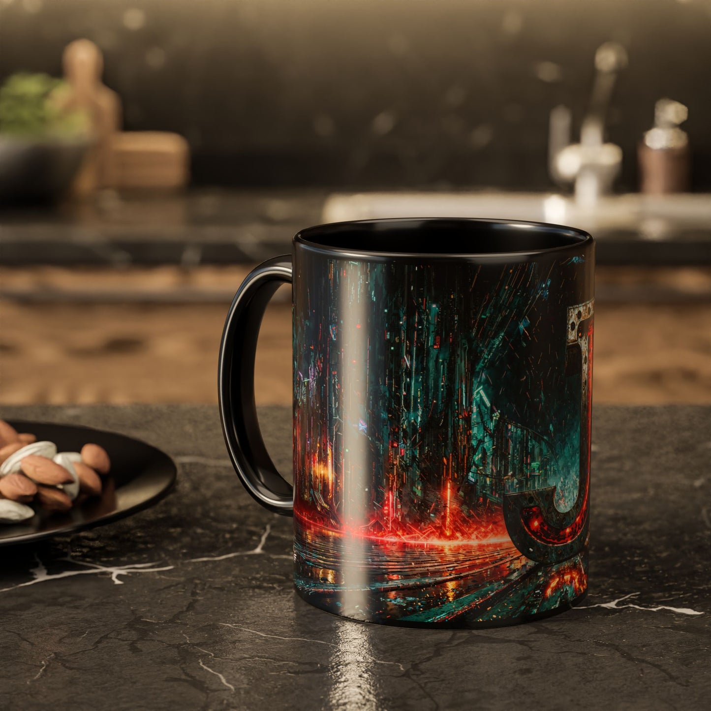 Colorful mug with cyberpunk design on a dark surface