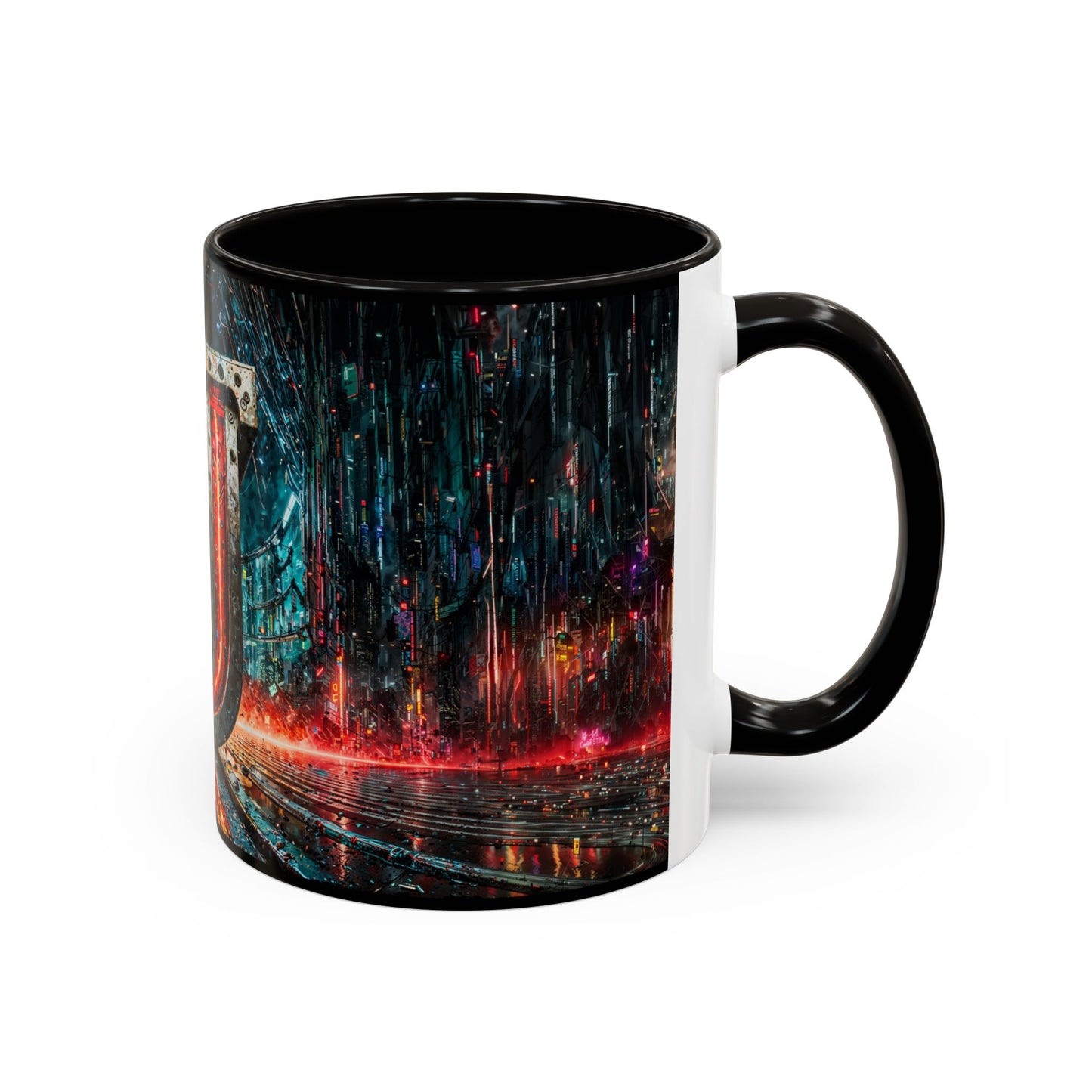 Mug with a futuristic cyberpunk design on a white background