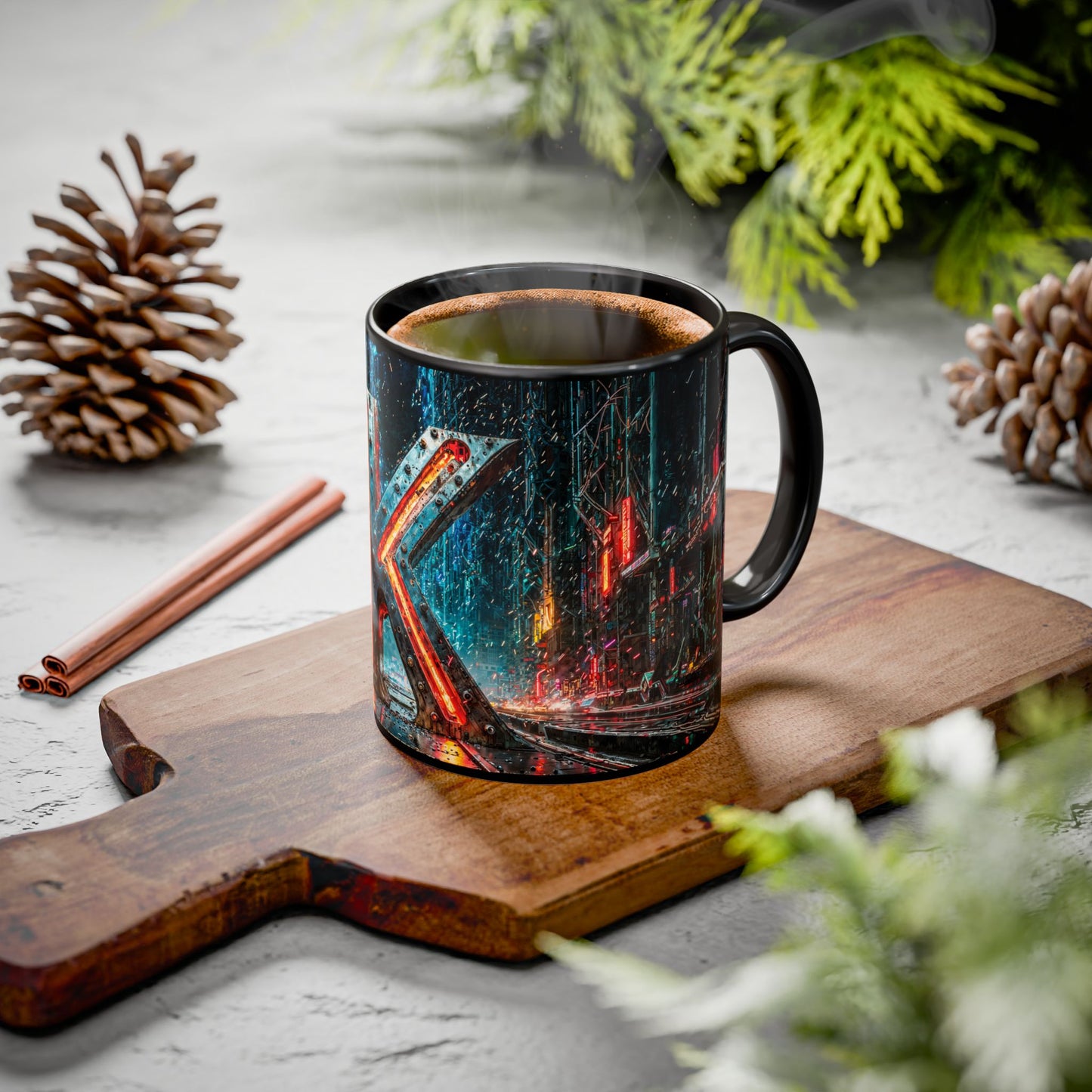 Black mug with cyberpunk design on a wooden cutting board with cinnamon sticks and pine cones.