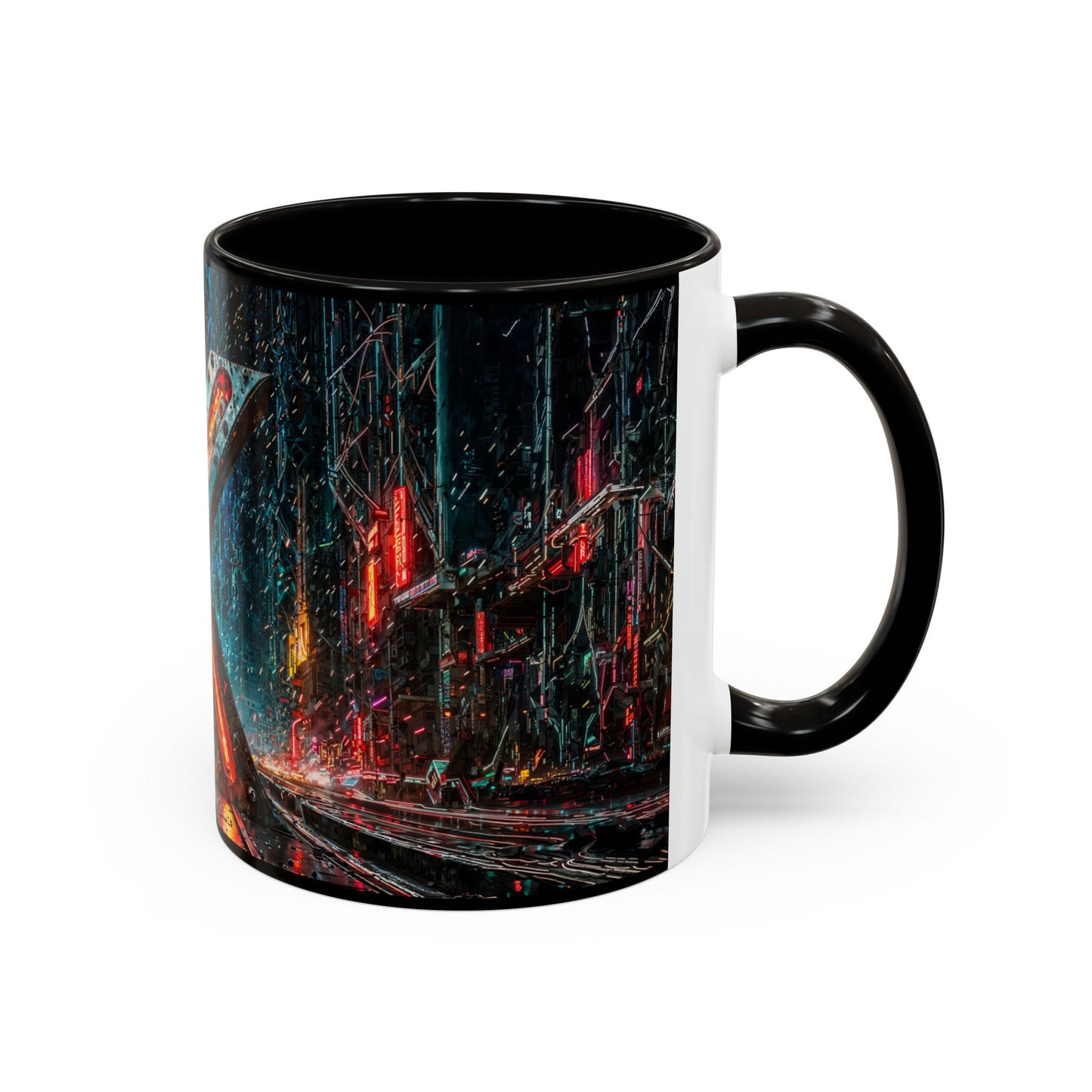 Mug with a cyberpunk cityscape design on a white background