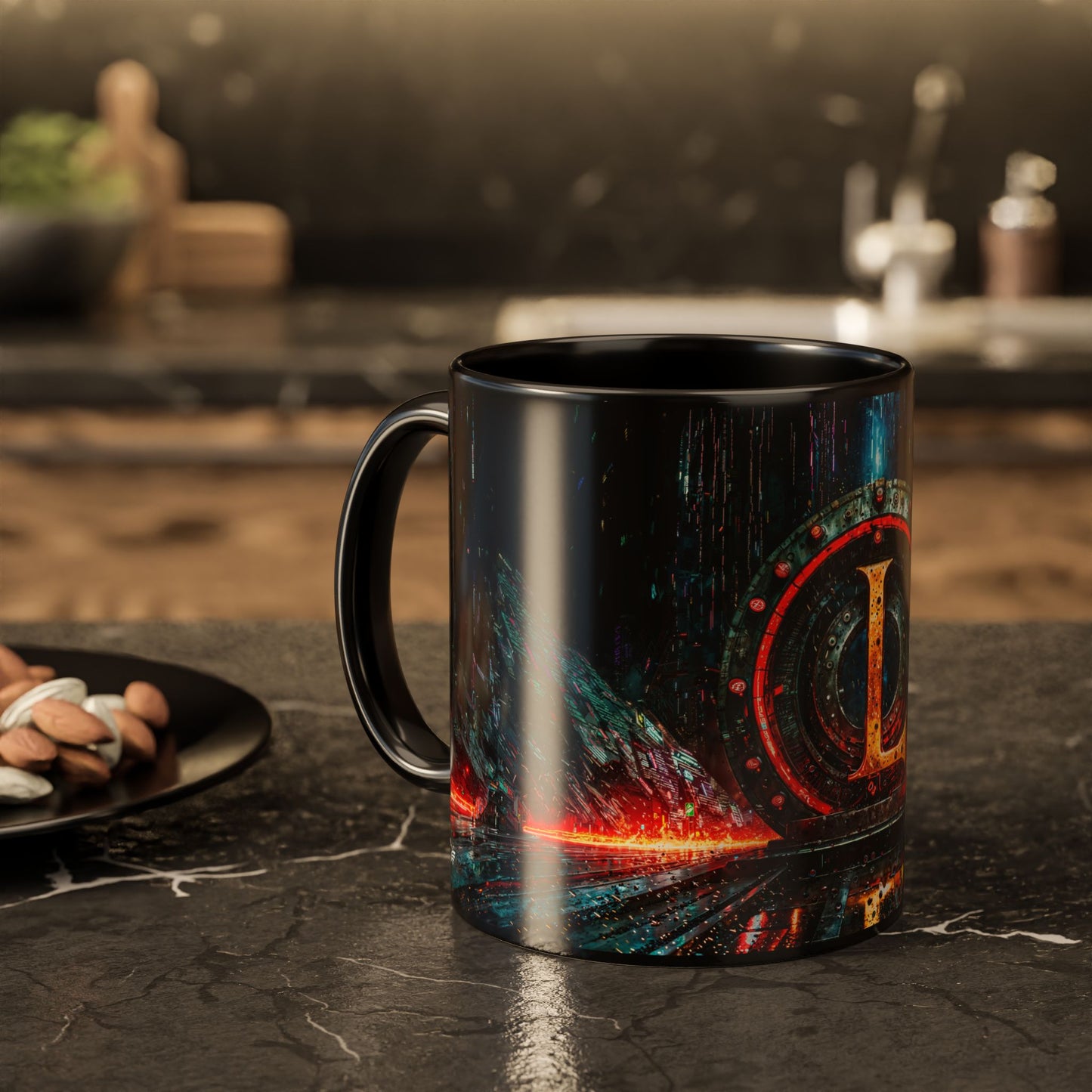 Black mug with cyberpunk design on a dark surface, blurred kitchen background