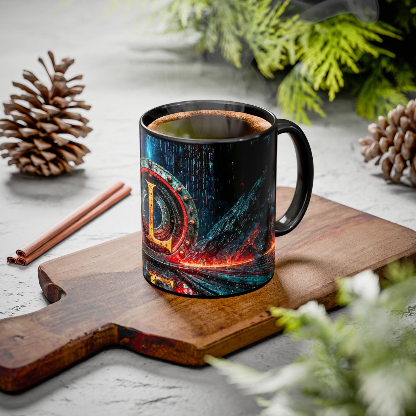 Black mug with cyberpunk design on a wooden cutting board with cinnamon sticks and pine cones.