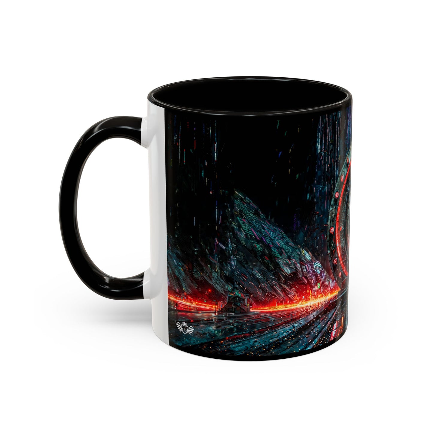 Mug with a black handle featuring a colorful cyberpunk design on a white background