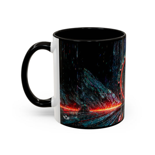 Mug with a black handle featuring a colorful cyberpunk design on a white background