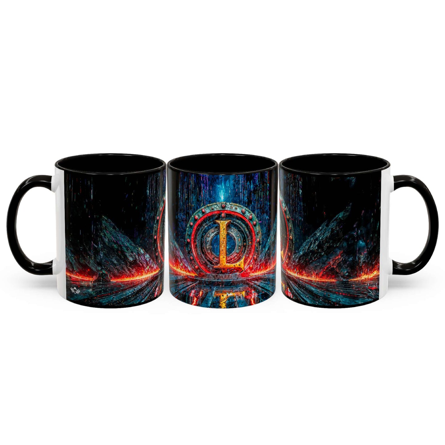 Three black mugs with a colorful design featuring a cyberpunk letter L design