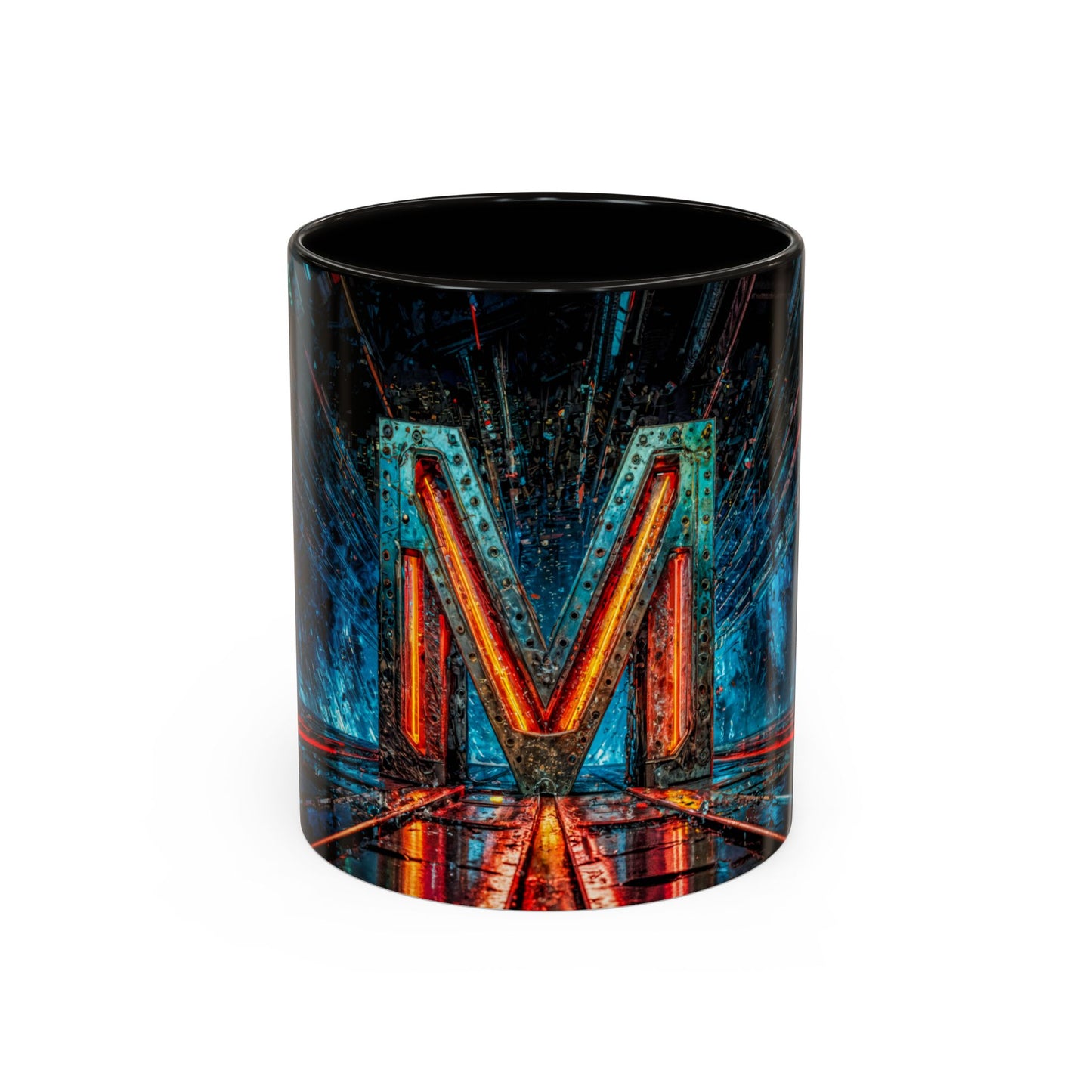 Black mug with a cyberpunk 'M' design on a white background