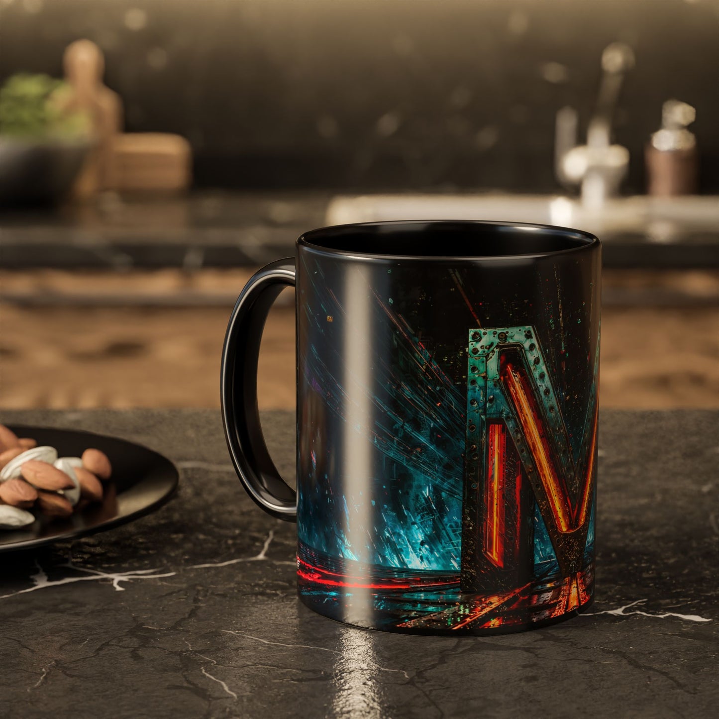Black mug with cyberpunk design on a kitchen counter