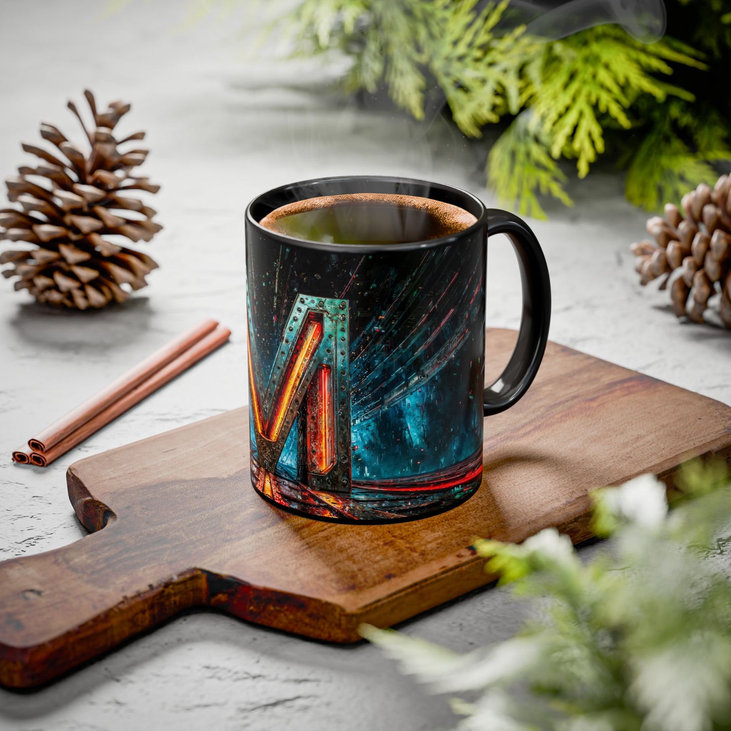 Decorative mug with abstract design on a wooden board with cinnamon sticks and pine cones.
