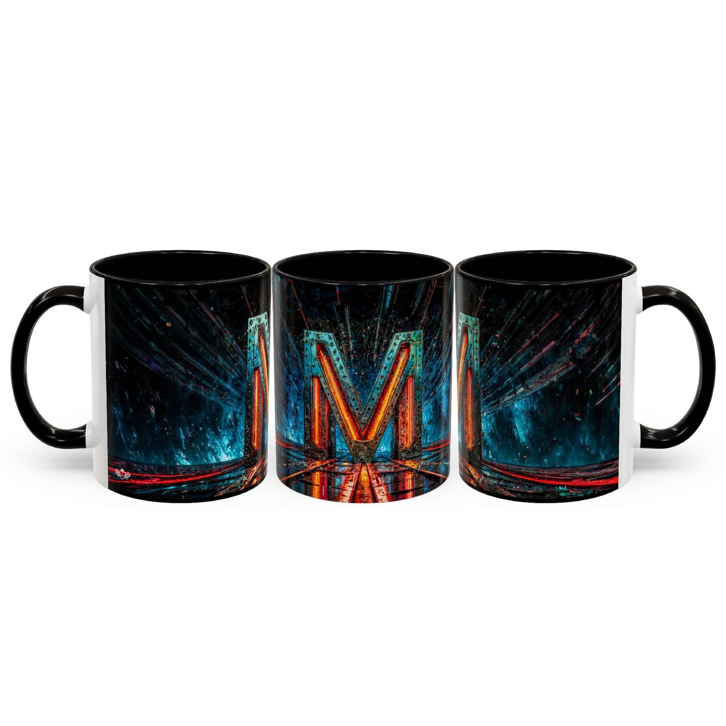 Three black mugs with a colorful cyberpunk design on a white background
