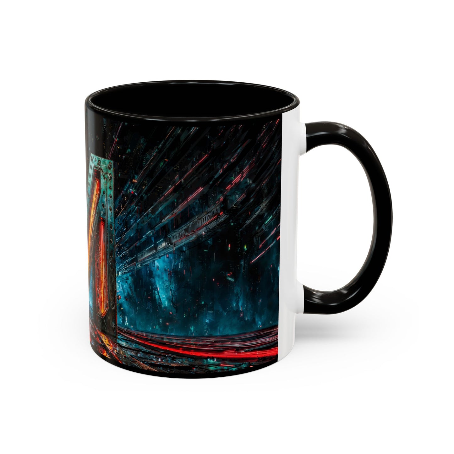 Mug with a black interior and handle, featuring a colorful abstract design on the exterior.