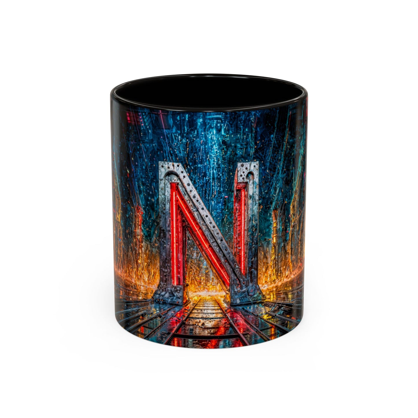 Mug with a futuristic design featuring a bridge and neon letter N on a black background