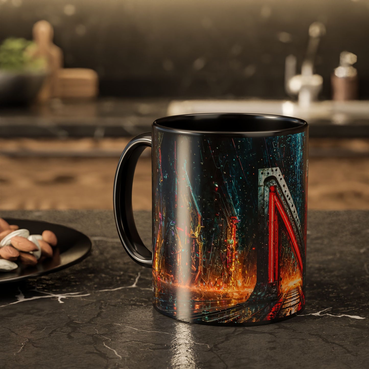 Black mug with a cyberpunk design on a kitchen counter