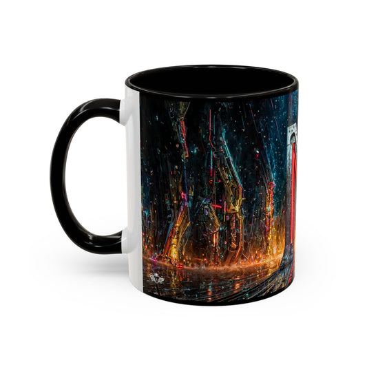 Mug with a colorful design of a cityscape at night on a white background